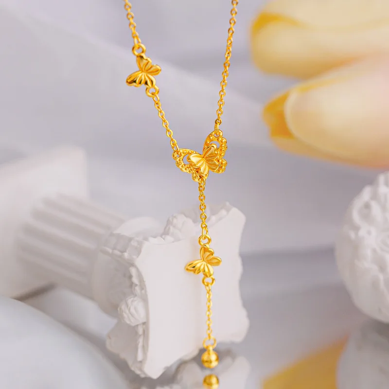 Small Niche Light Luxury High-end Feel 9999 24K Real Gold Tassel Butterfly Necklace Women's Fashion Versatile Collarbone Chain