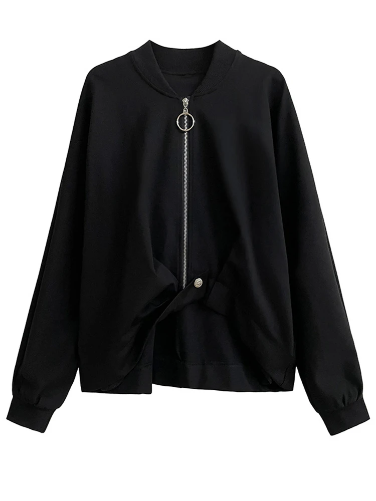 [EAM] chaqueta negra de dobladillo Irregular de talla grande con cuello alto nuevo abrigo de manga larga para mujer moda tendencia primavera otoño 2024 1DH1050