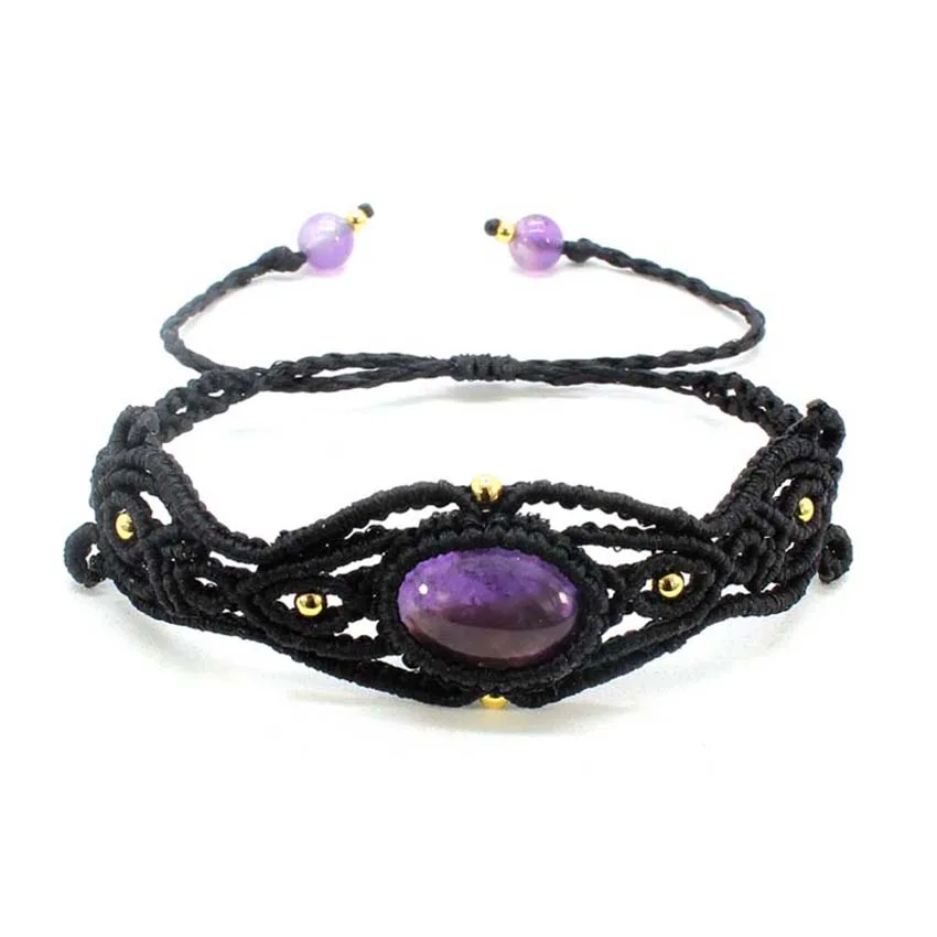 Handmade Rope Wrapped Braided Stone Bracelets For Women Girls Natural Amethyst Crystal Quartz Agate Macrame Adjustable Bracelets