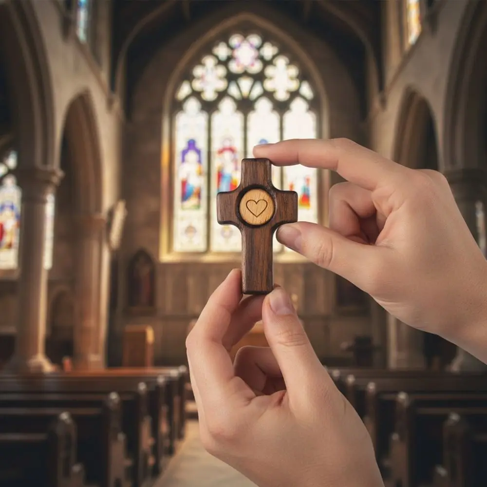 2 Piece Crafts Black Walnut Easter Pocket Cross Mini Comfort Holding Handheld Wooden Cross Heart Pattern Thumb Cross Gift