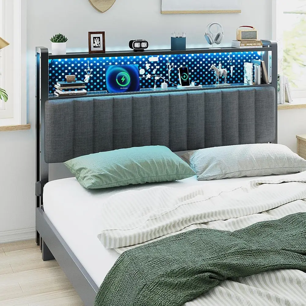 

Adjustable Upholstered Queen Bed Board with 2-Tier Shelves, Pegboard, Charging Stations, and LED Lights