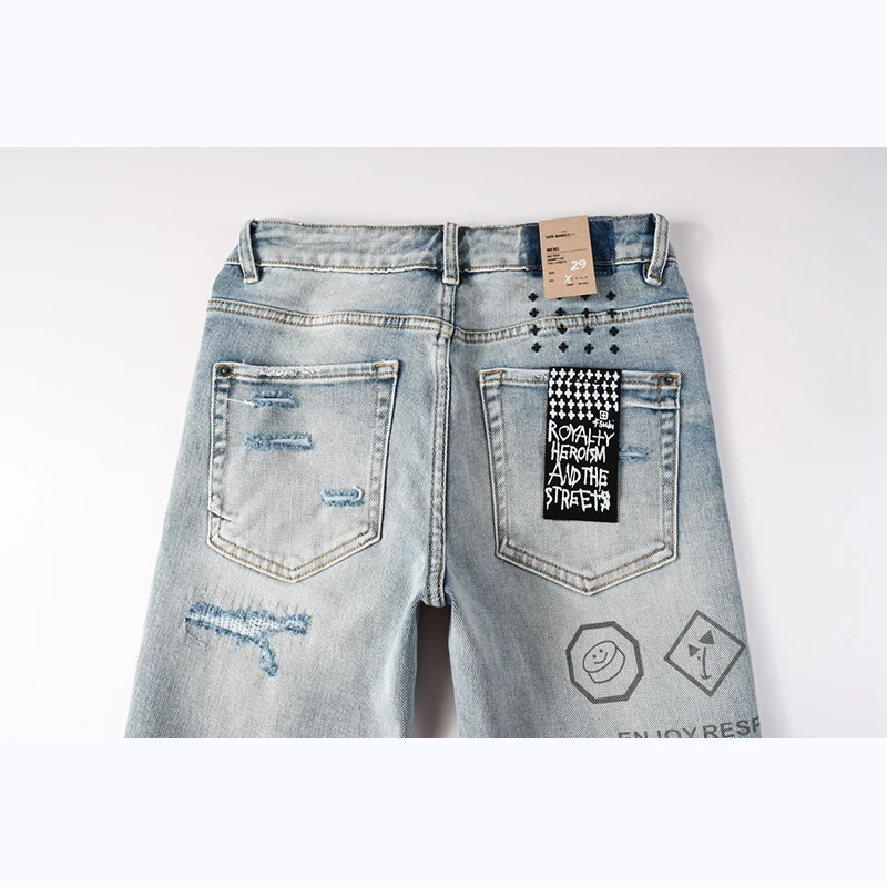 بنطال جينز رجالي High Street Distressed Light Indigo Stretch نحيف بأزرار ممزقة #4