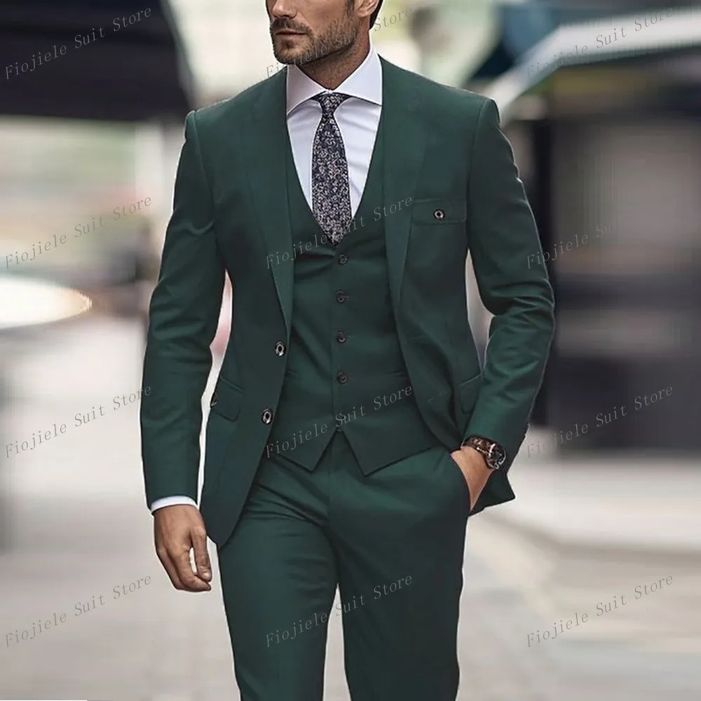 

New Male Dark Green Men Suit Business Prom Groom Groomsman Wedding Party 3-Piece Set Formal Occasions Tuxedo Jacket Vest Pants