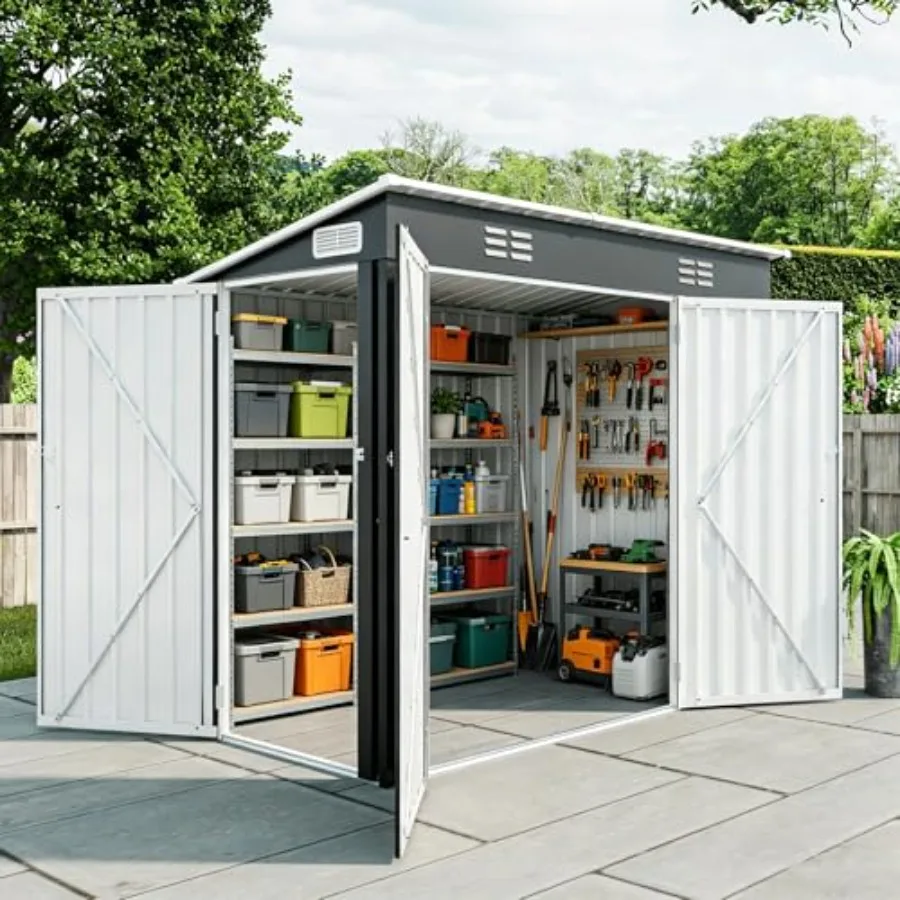 Outdoor metal storage shed for feet with 3 lockable doors, black, weather-resistant and secure