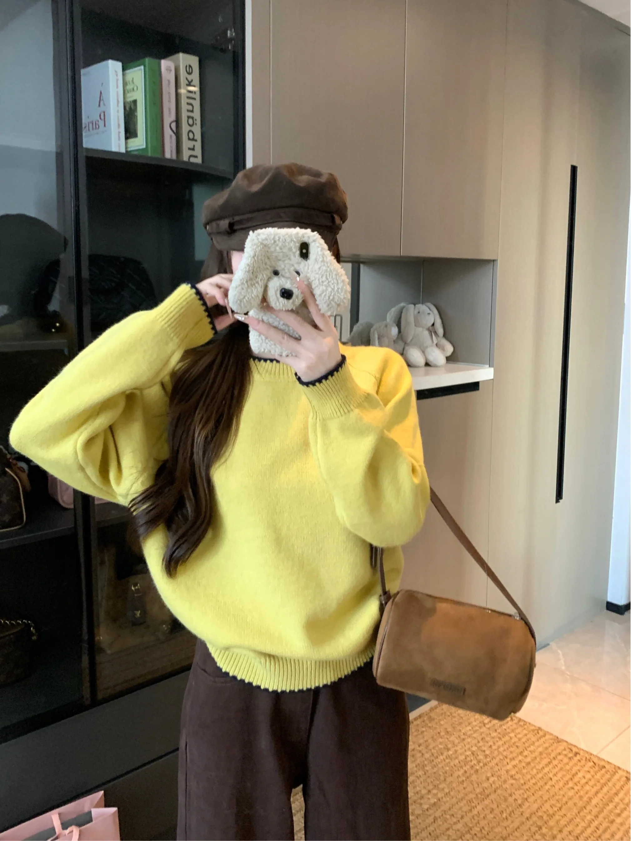 

Retro Yellow Women's Sweater Autumn 2025 New Loose Long Sve Knitted Casual Slimming Top Versatile Lazy Sle Commute Faion