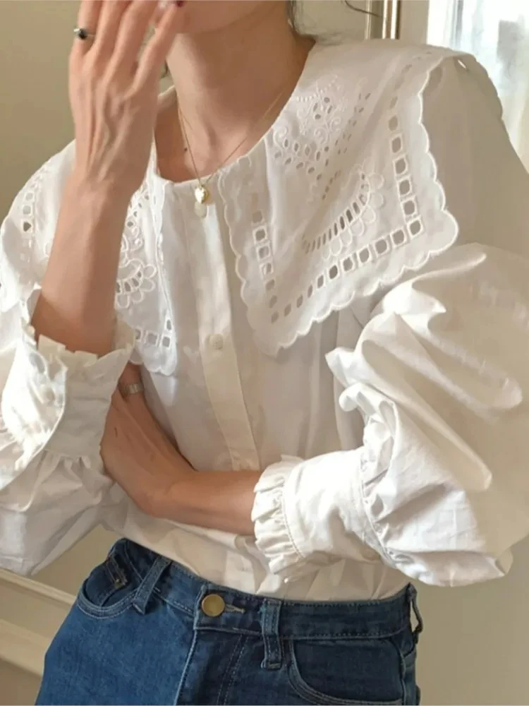 Le Luz French Chic Elegant Shirts Loose Beige White Long Sleeve Autumn Hollow Out Embroidery Blouse Chic Button Up Shirt Tops