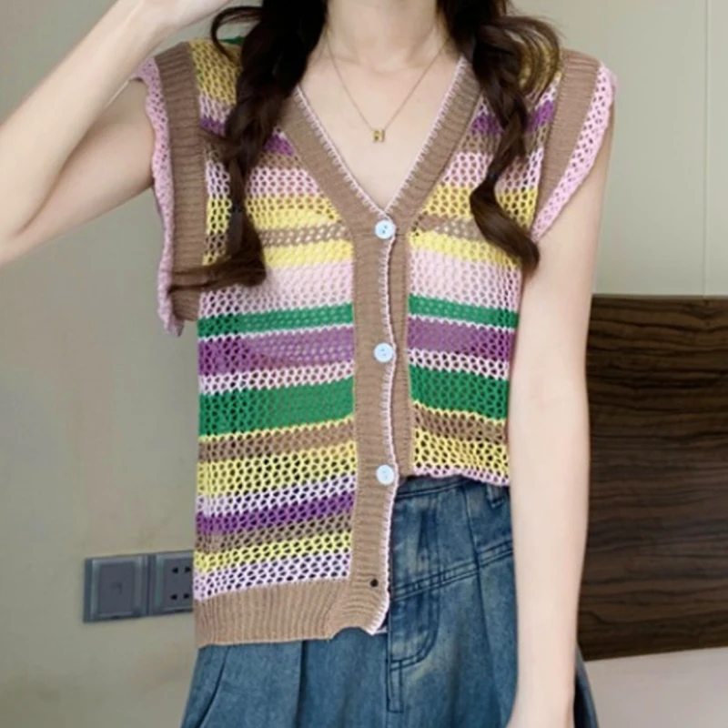 

Rainbow Stripe Crochet Top Ruffle-Sleeve Open Knit Button Front Vest Blouse Cardigan Women Summer Teen-girl Boho Vacation Outfit