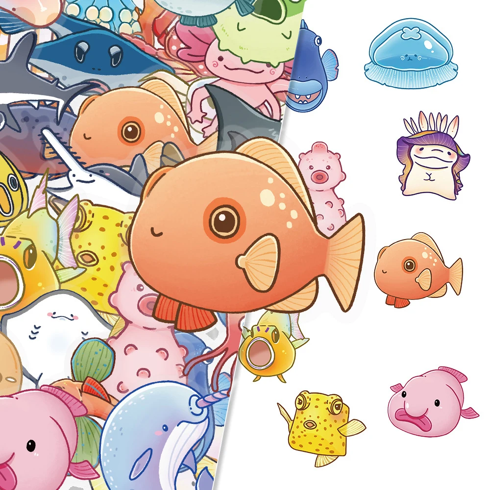 

10/30/50pcs Transparent Marine Animals Cartoon Stickers Funny Sea Fish Decals DIY Skateboard Laptop Phone Cute Graffiti Sticker