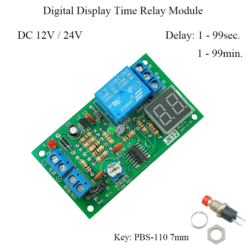 

JK12 DC12V24V Time Delay Relay Module with Time Display Triggle Delay Control Switch 1-99S/Min Turn ON/OFF Relay Switch Module