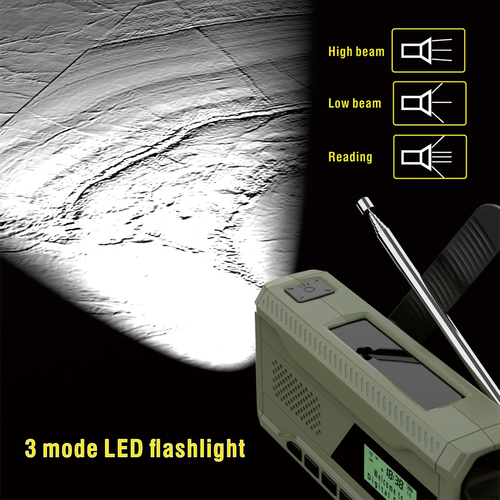 راديو الطوارئ مع مصباح يدوي BT مكبر صوت كرنك اليد راديو الطقس في حالات الطوارئ القابلة لإعادة الشحن للتخييم في الهواء الطلق في حالات الطوارئ
