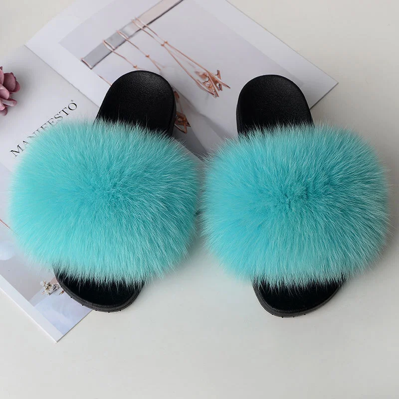 Fur Slippers Summer Women Real Fox Fur Slides Home Furry Flat Sandals Non-Slip Fluffy Flip Flops Ladies Woman Cute Plush Shoes