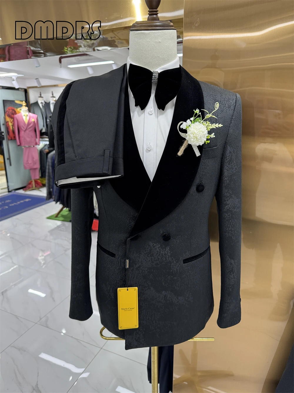 Conjunto de traje de dos piezas estampado a la moda para hombre, chaqueta ajustada con doble botonadura y cuello tipo chal, pantalones rectos negros, traje de boda