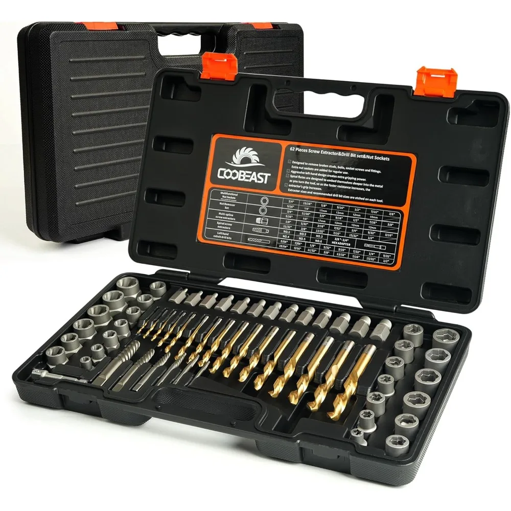 62Pcs Screw Extractor Set with Left Hand Drill Bit, Bolt Extractor Kit Heavy Duty,Easy Out Extractor Socket Set w/ Portable Case