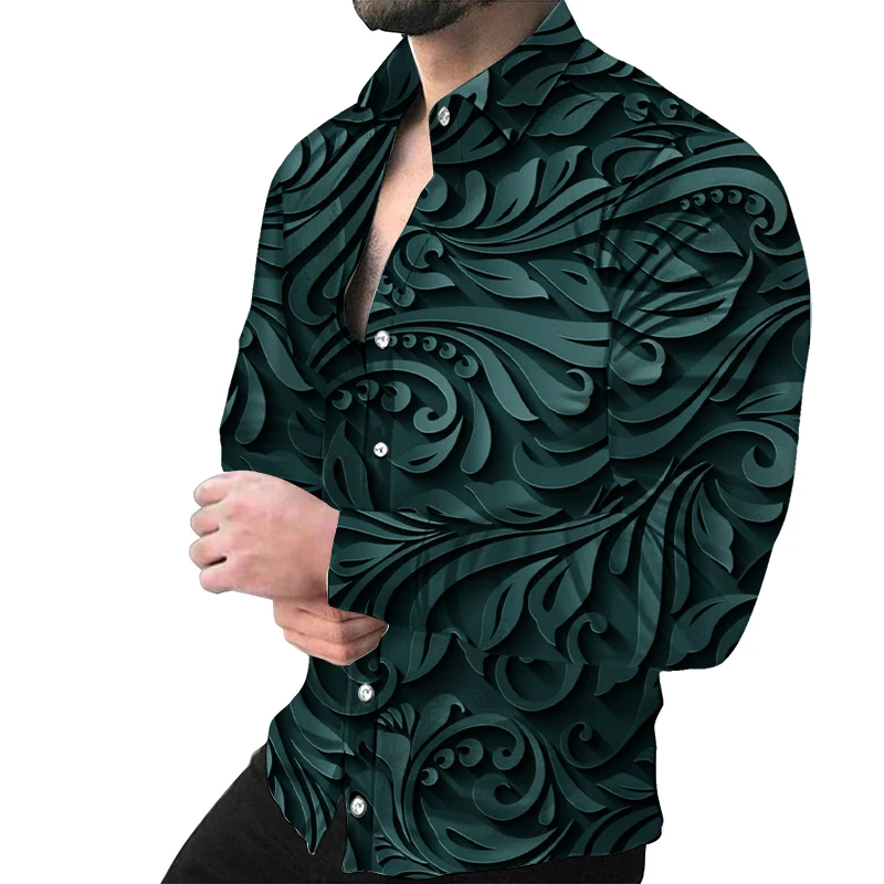 Men\'s fashionable luxury button up shirt with retro texture sculpture 3D printed collar, long sleeved casual business dress shir