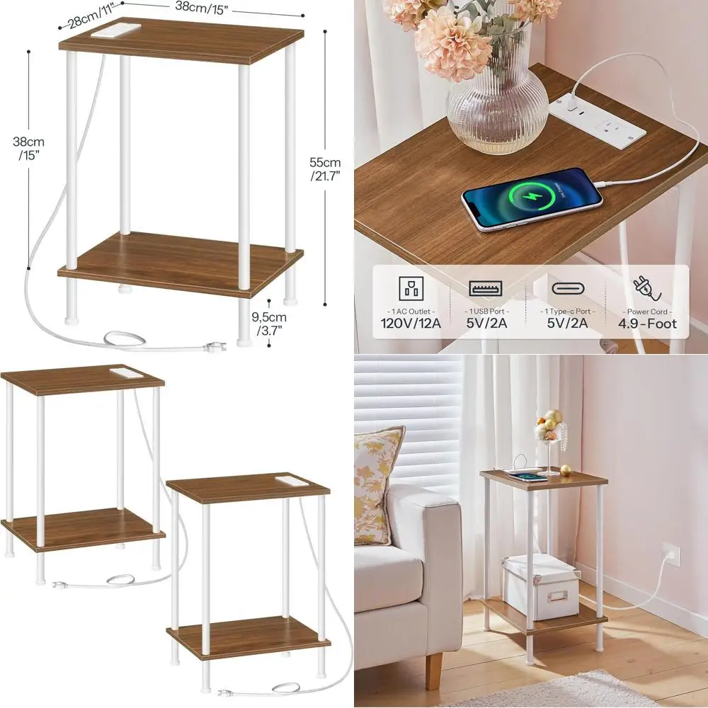 

Пара приставных столиков из орехового дерева и белого дерева с зарядными портами и полками для хранения, идеально подходящих для небольших помещений