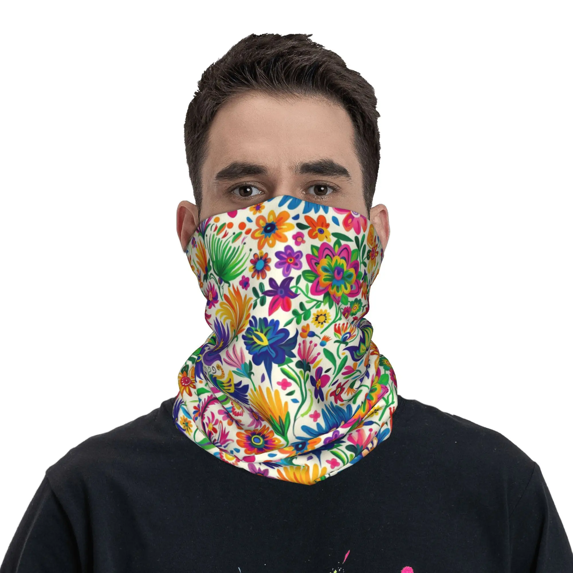 Pañuelo colorido con flores bordadas mexicanas de México, polaina para el cuello, máscara envolvente estampada, bufanda, máscara facial cálida para correr para hombres y mujeres adultos