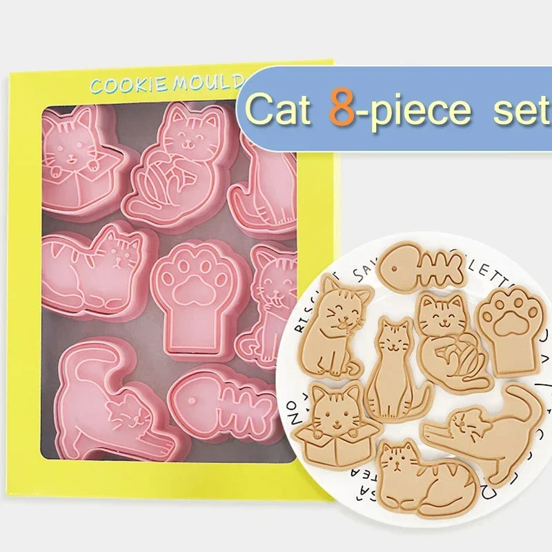 8pcs/set Cute Animal Cat Dog Cookie Mold Set Cartoon Claw Fish Bone Shape Biscuits Stamp Fondant Molds Cake Baking Tools