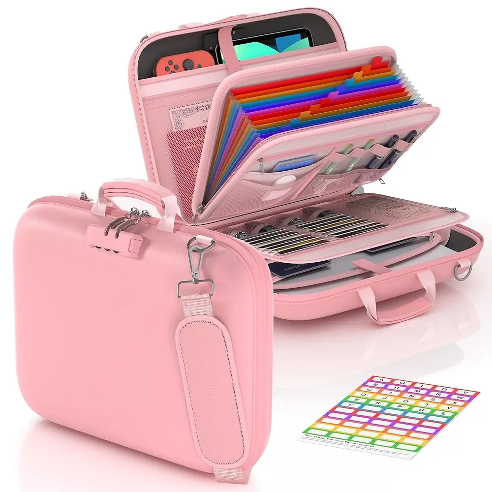 

Fireproof Document Box with Lock & Shoulder Strap, Hard-Shell Fireproof File Organizer with 13 Pocket Accordion File Folder,