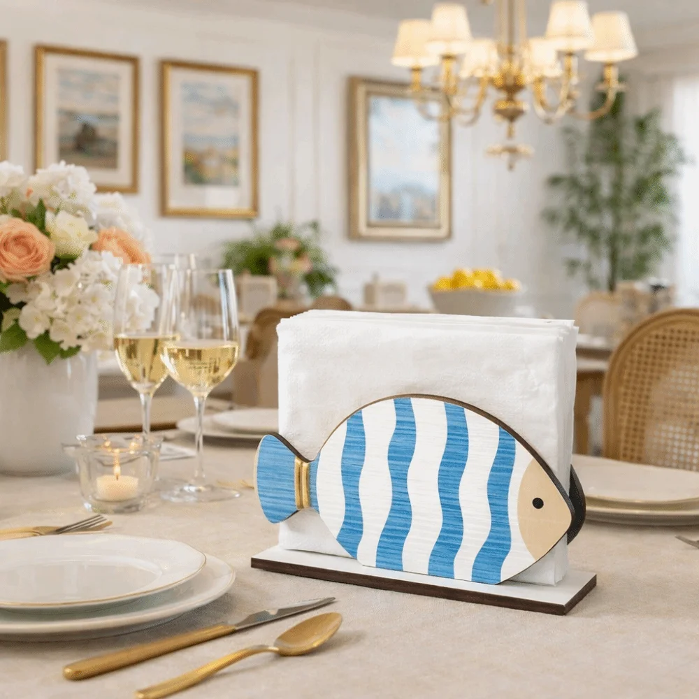 Modern Ocean Theme Wooden Napkin Holder Decorative Fish Shaped Tissue Box Large Capacity Desktop Ornament Restaurant
