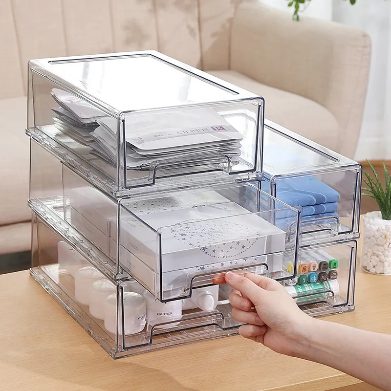 Transparent Drawer Storage Box Office Desk Stackable Pull-out Thickened Stationery Miscellaneous Organization Box