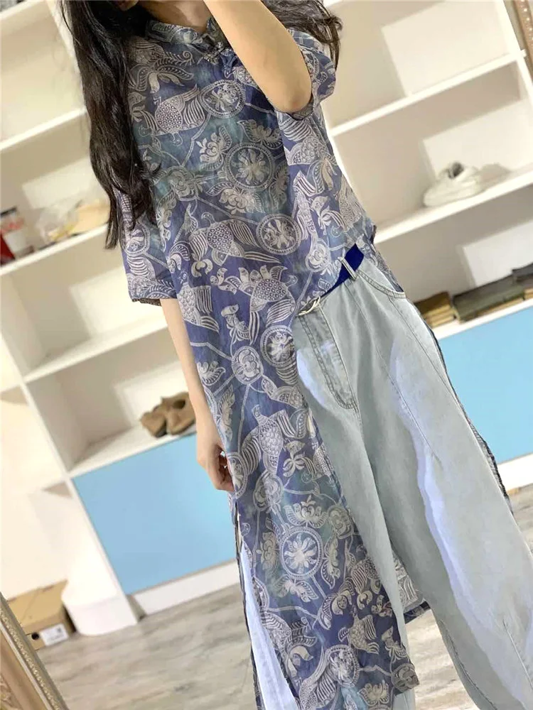 

Retro Chinese Sle Women's Long irt Loose Cotton Linen Blue And White Porcelain Print Button Front ort Sve Stand Collar