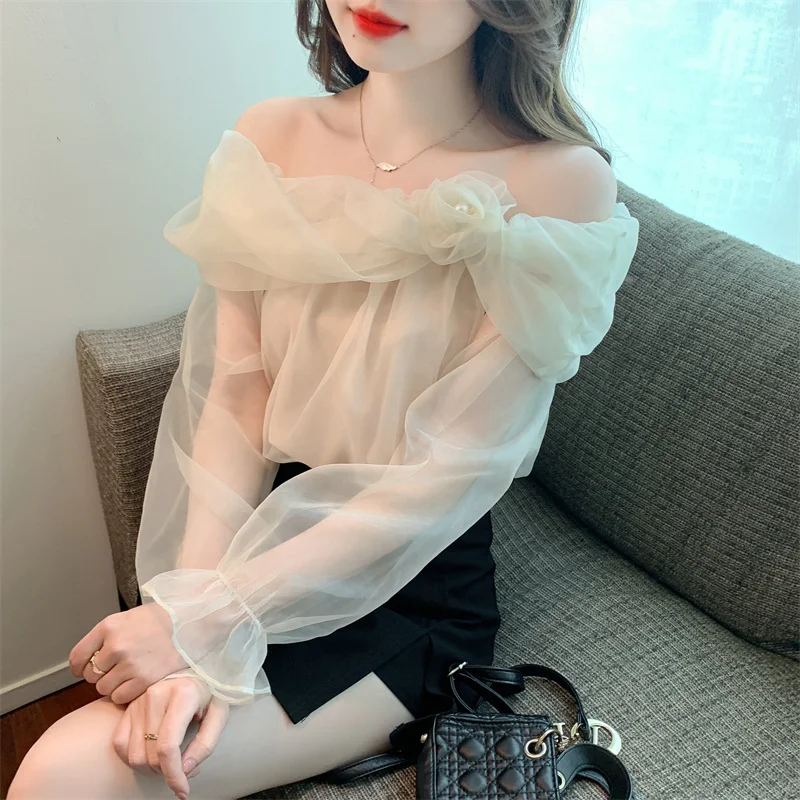 utumn New French Off Shoulder Top Sexy Sweet Long Sleeve Chiffon Shirt Blouse Women\'s 3D Flower Pink Off White Shirt Top