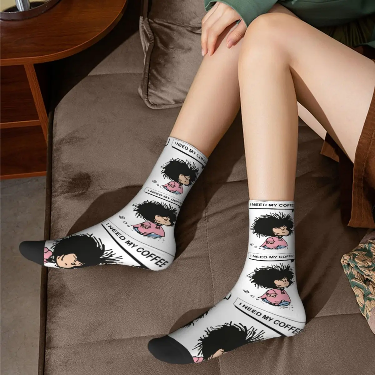 New Male Men Socks Casual Tousled Mafalda That Needs Coffee Sock Quino Comic High Quality Women Stockings Spring Autumn Winter