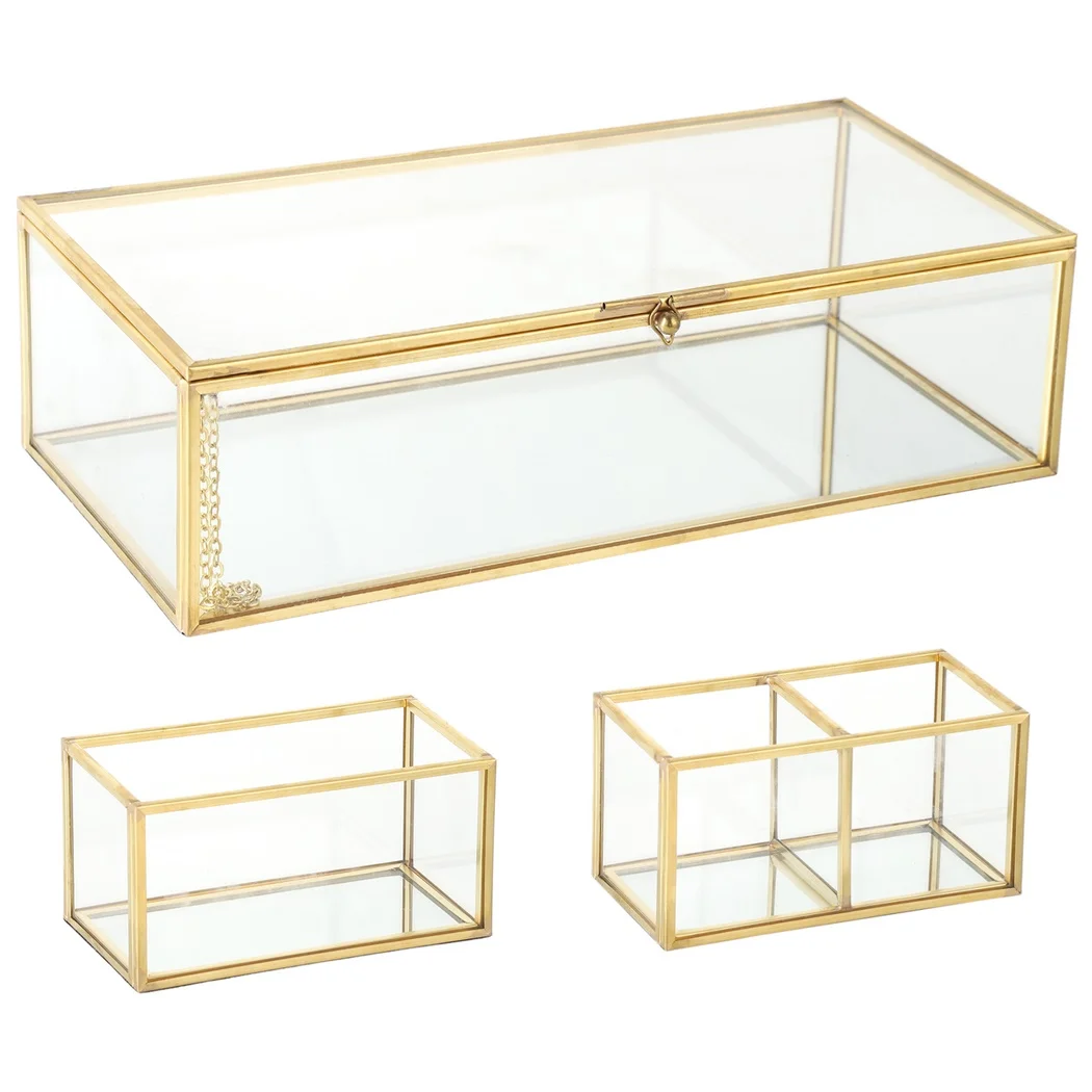 Golden Glass Jewelry Box Mirrored Box With 2 Detachable Jewelry Organizers Clear Lidded Display Box Makeup Storage Container