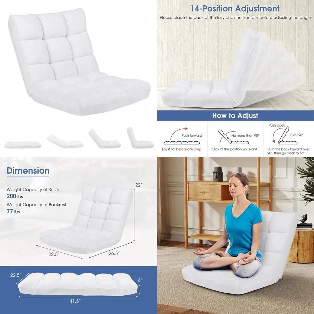 

14-Position Adjustable Lazy Sofa Chair with Back Support, Padded Sleeper Bed & Recliner for Reading, Meditation, and Gaming (Whi