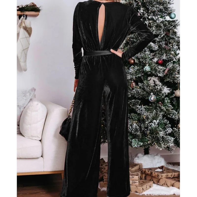 Women's Spring and Autumn New Fashion Slim-fit Romper V-neck Long Sleeve Lace-up Elegant Straight-leg Long Pants Jumpsuit Y2k