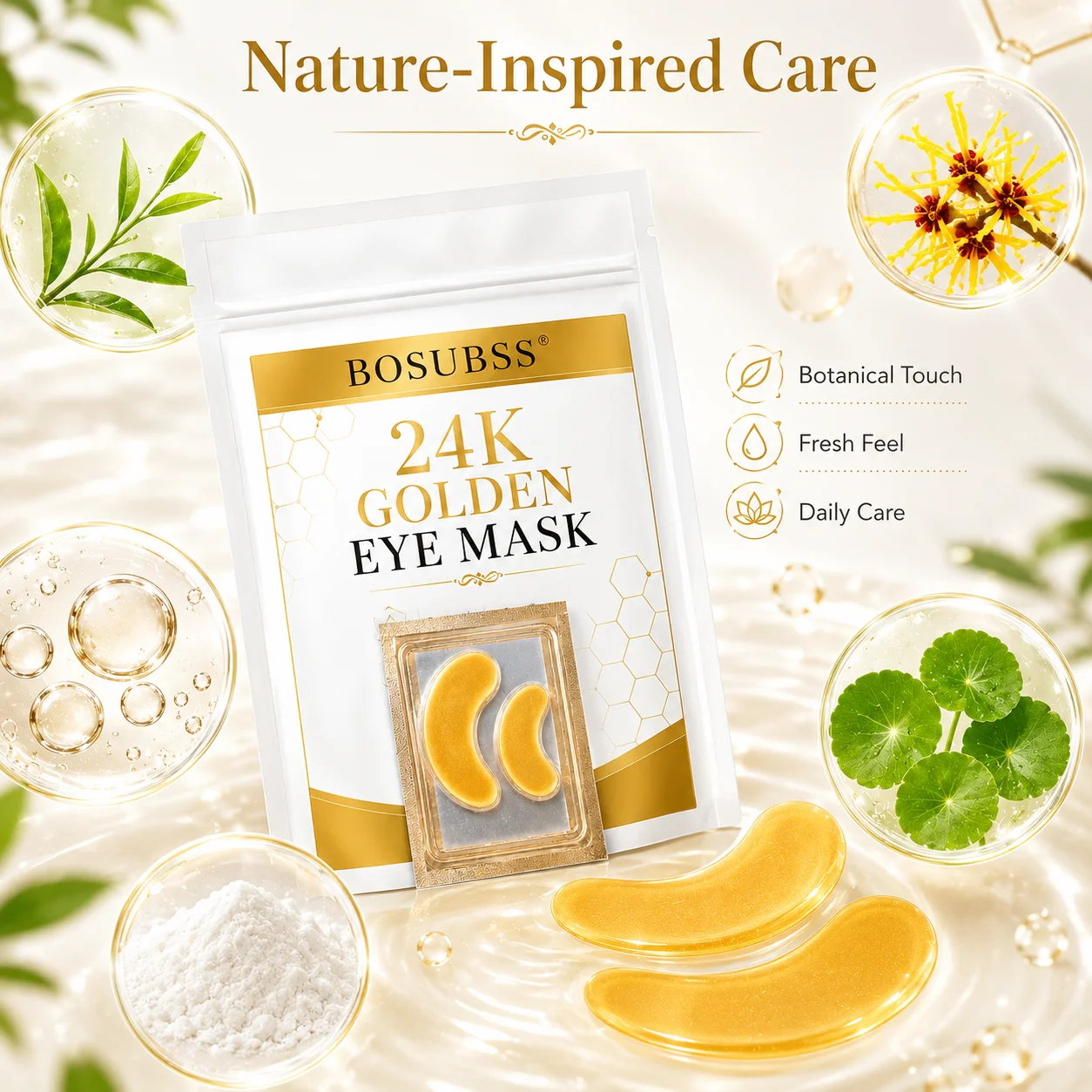24K Gold Under Eye Mask BOSUBSS, Moisturizing Hydrating Eye Patches Refreshing for Smooth Bright Eye Skin