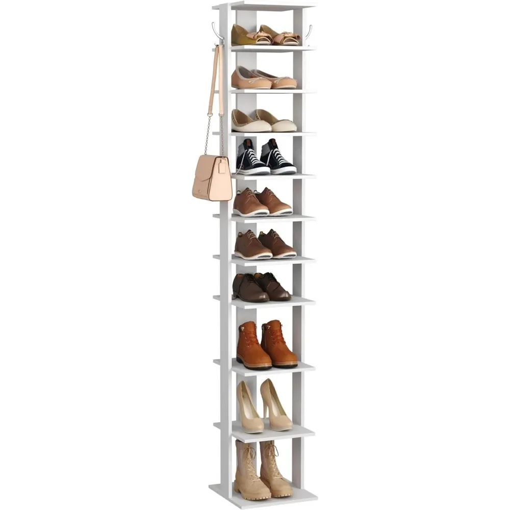 

10-Tier Vertical Shoe Rack, Corner Shoes Tower, Slim Shoes Organizer with Two Hanging Hooks, Wooden Shoe Storage Stand fo