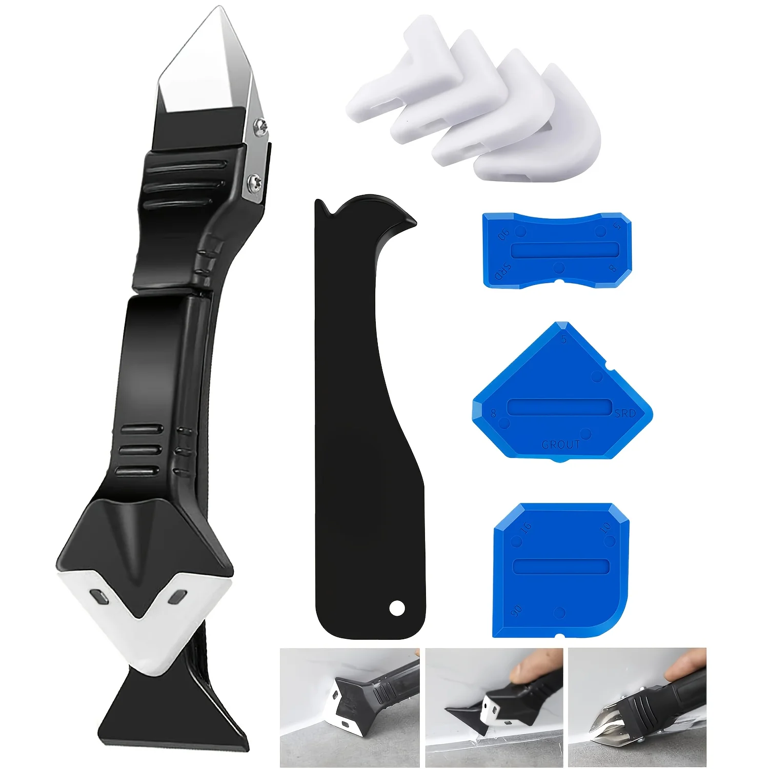 Silicone Caulking Tool Kit, 3 in 1 Silicone Caulking Tools(Stainless Steelhead), Grout Scraper, Reuse and Replace 5 Silicone Pad