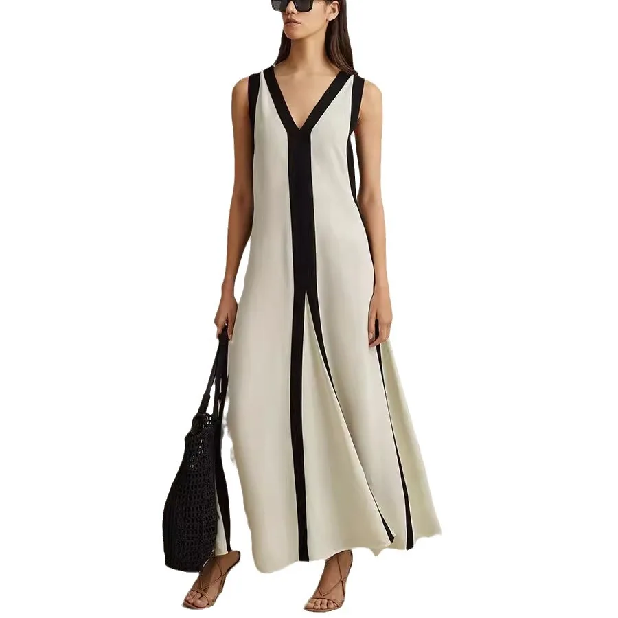 2024 New Summer European and American Sexy Double-sided V-neck Contrast Casual Dress Long Dresses for Women