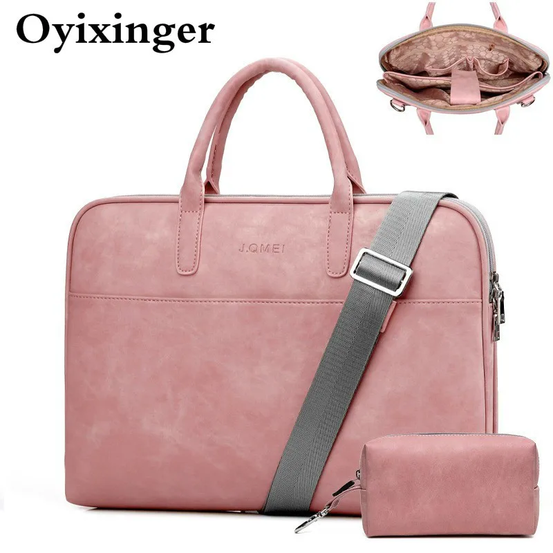 

High Quality Woman Pink Leather 13 14 15 Inch Laptop Bags For Luxury Handbags Women Waterproof Notebook Bag Female Messenger Bag