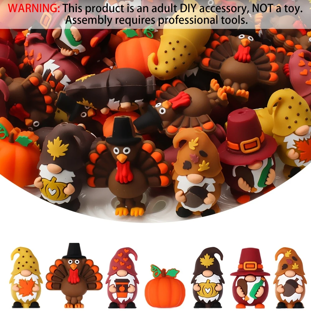7/32Pcs Thanksgiving Dwarf Turkey Pumpkin Silicone Beads Set DIY Beaded Necklace Bracelet Decoration Pen Jewelry Pendant Etc. Holiday Birthday Gift