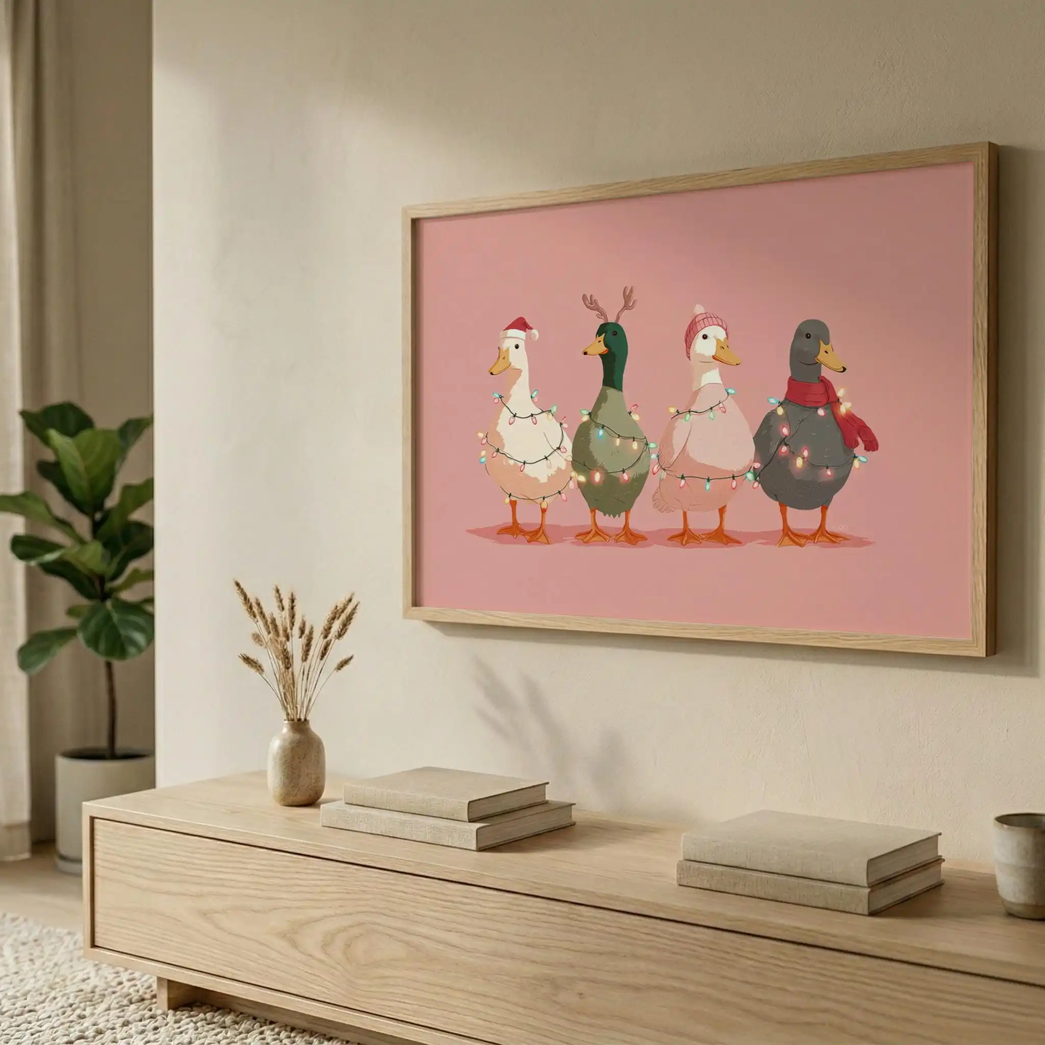 Funny Pink Christmas Duck Wall Art Poster - Holiday Goose Decor Cute Winter Animal Poster for Living Room and Bedroom Decoration