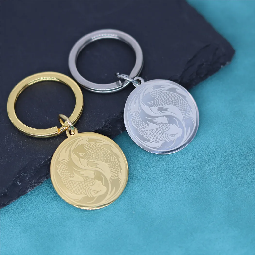 Stainless Steel Yin Yang Key Chains Goldfish Asian Traditional Fish Figure Pendant Keychain Chienese Mythological Jewelry Gift