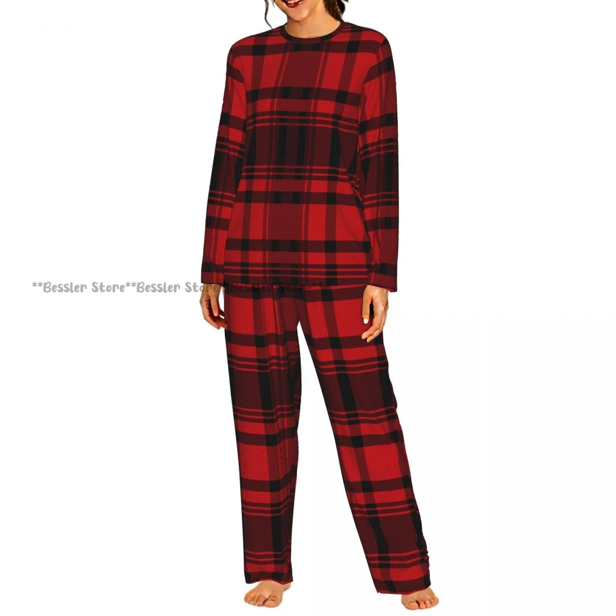 Women Round Neck Pajama Suit Long Sleeve Tops Long Pants Tartan Plaid Ladies Nightwear Home Outfit