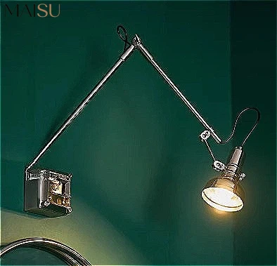 MAISU Vintage Copper Wall Lamp 360 Degree Adjustable Long Swing Arm Walnut Base Wall Mounted Bedroom Bedside Sconce Lights