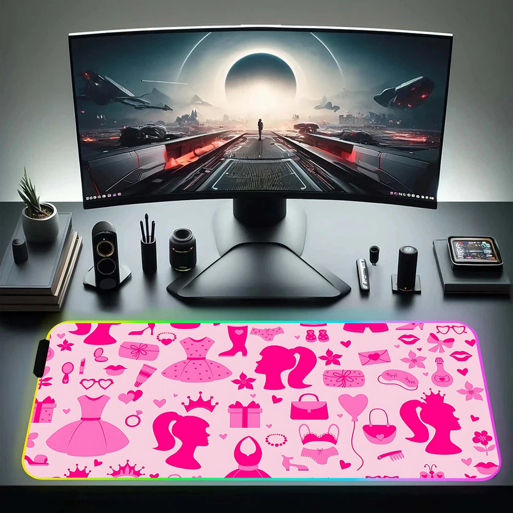 

Fashion Cartoon B-Barbies RGB Pc Gamer Keyboard Mouse Pad Mousepad LED Glowing Mouse Mats Rubber Gaming Computer Mausepad Funda