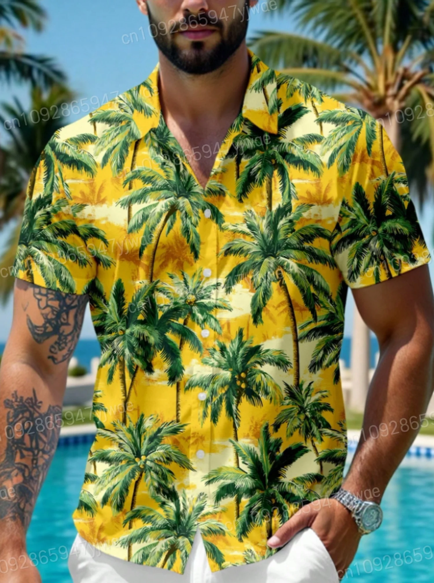 

2025 Summer Daily Men's Shirts Hawaiian Street Coconut Tree Print Single Breasted Harajuku Street Lapel Blouse Male Clothes
