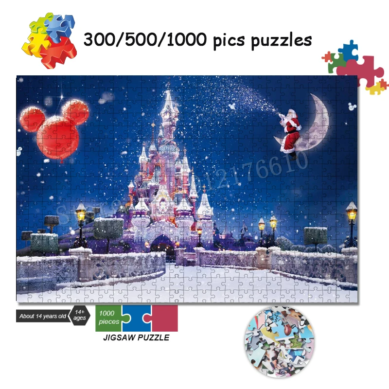 Sparkling Disney Castle Jigsaw Puzzle Creative Mickey Balloon Ice and Snow Art Crafts 300/500/1000 Pieces of Puzzles Decoration