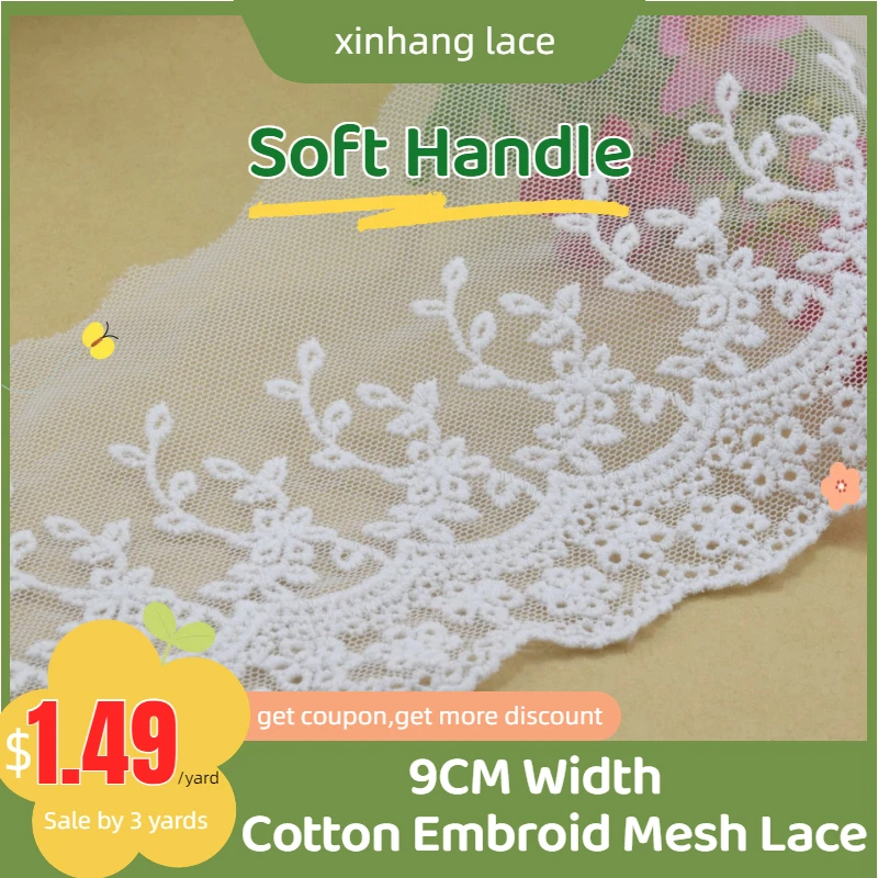 

3yards 9cm White Cotton Embroidery Lace Ribbon Fabric Guipure Diy Trims Warp Knitting Sewing Wedding Curtain Accessories#3093