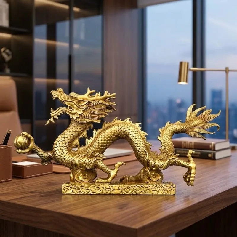 Copper Dragon Figurine with Ornate Cloud Base Chinese Style Zodiac Ornament for Home Office Desk Indoor/Outdoor Use