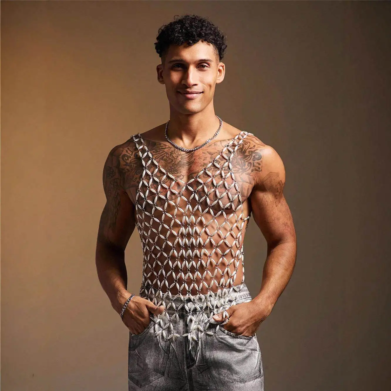 

Men's Metal Gem Vest Top Party Clubwear No Brand 25553 Style New Fashion Autumn Season Sleeveless Ensemble