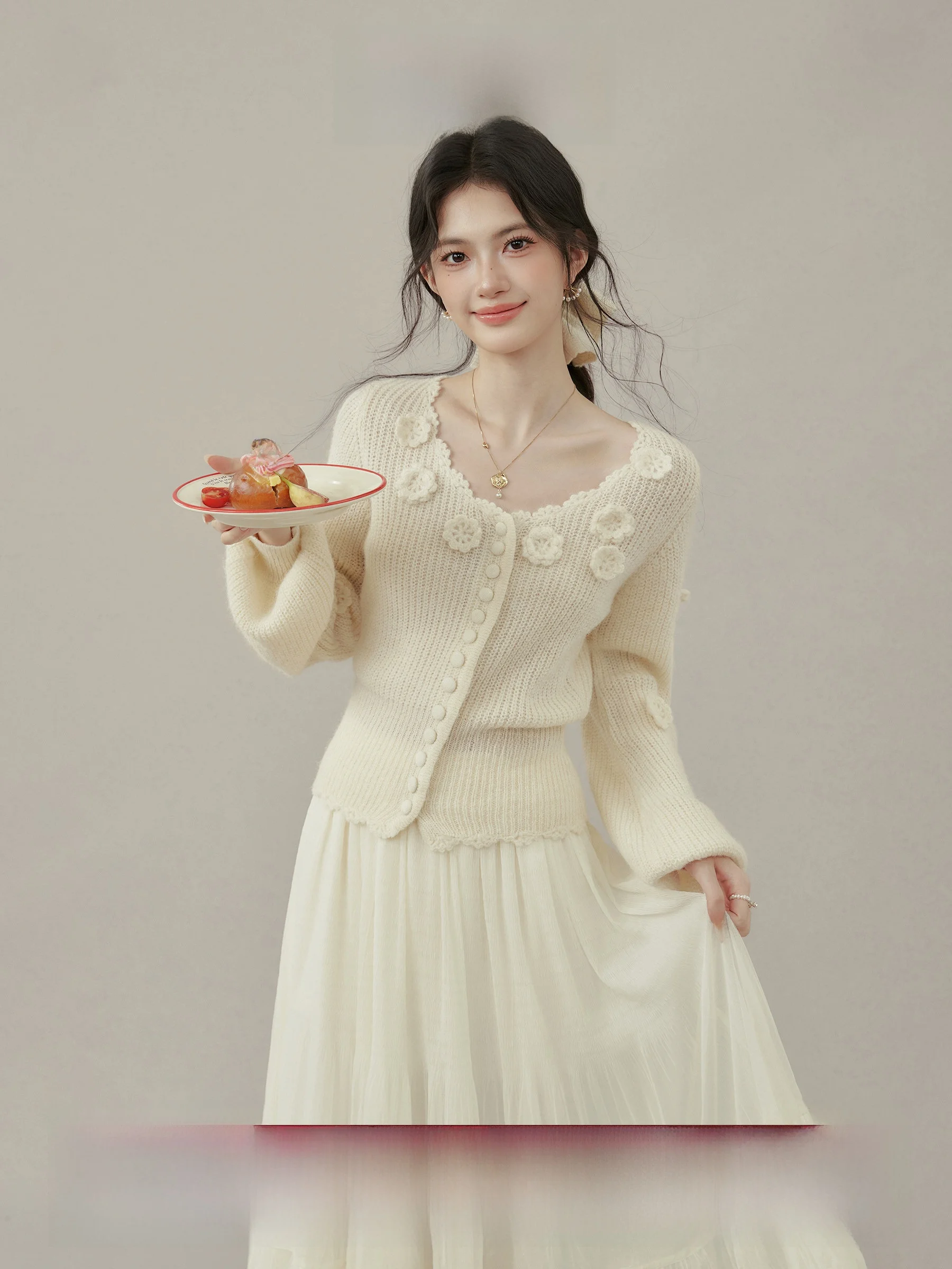 

Ouyang Xi White Moonlight Contract Knitted Cardigan Women's ort Sle Autumn Winter Slimming Long Sve Button up Top