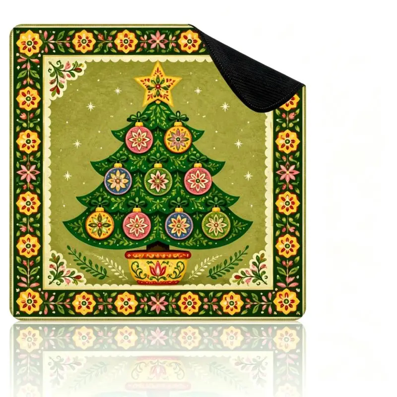 Square Mahjong Table Mat Christmas Tree Nutcracker Floral Border Print Non‑Slip Silent Foldable Game Pad for Xmas Home Decor