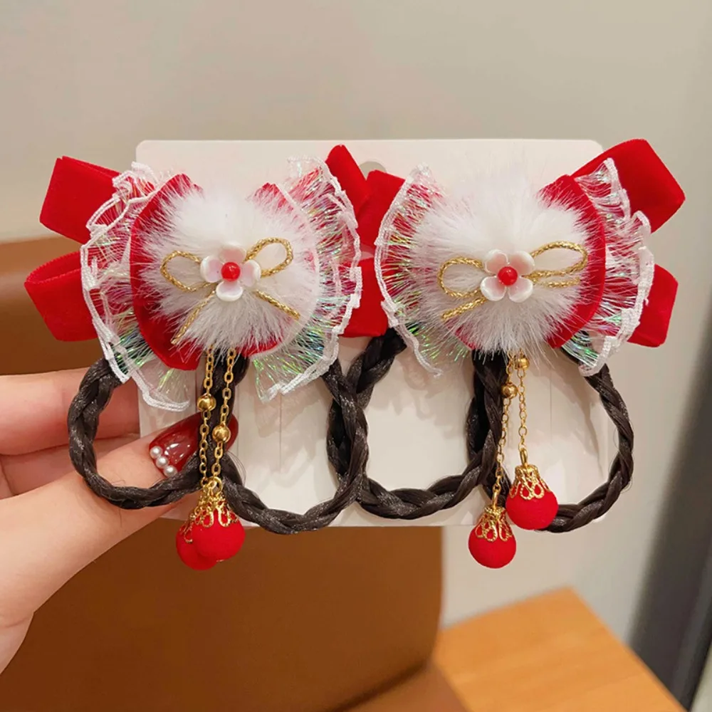 

Sweet Ancient Style Children's New Year Hairpin Princess Red New Year Bow Hairpins Ball Wig Braid Girls Hanfu Headwear