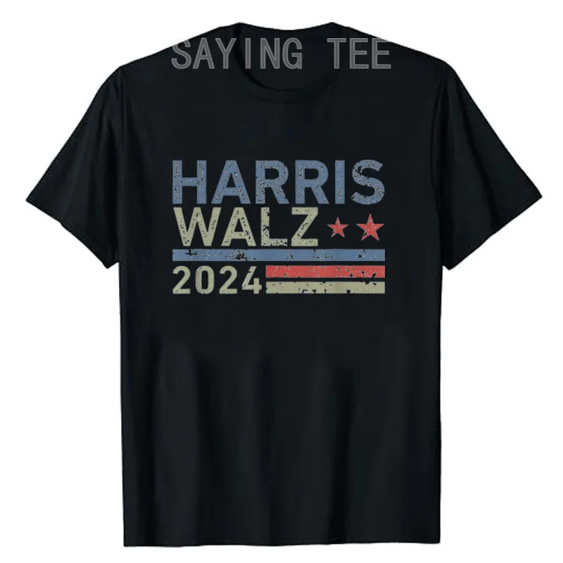 

Harris Walz Waltz 2024 Retro Vintage Stars and Stripes Us Flag Distressed Design T-Shirt Humor Funny Short Sleeve Campaign Tees